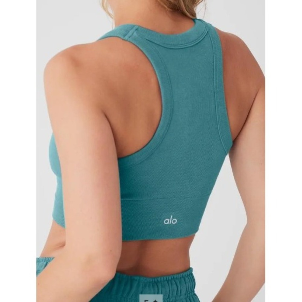 Alo Seamless Delight High Neck Bra Tank Top Womens S Teal Agate Athleisure EUC